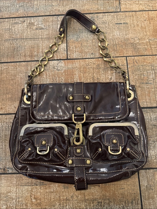 Rafe Handbags - Rafe Dark Brown Patent Shoulder Bag with Gold Hardware